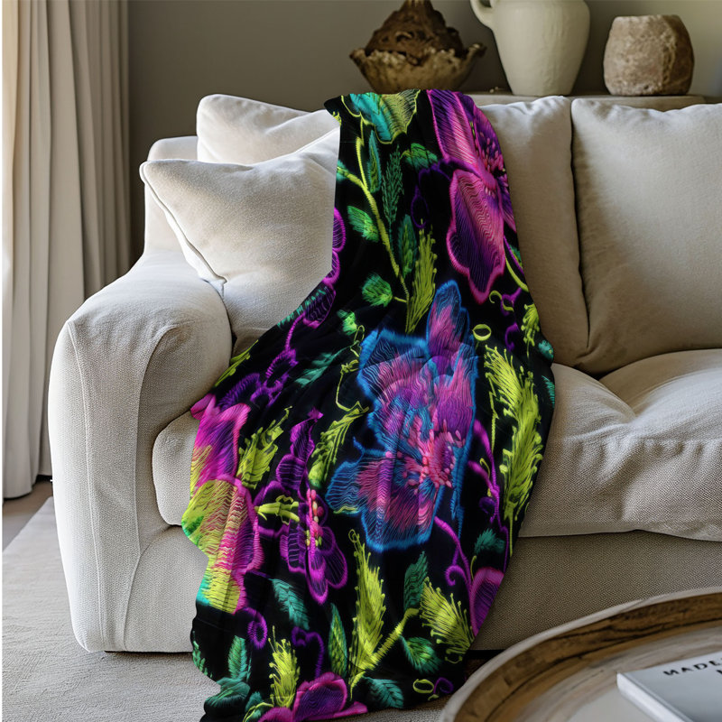 Jeté Neon Threaded Blooms - 1 pièce Sherpa Blan Premium, Grand lit