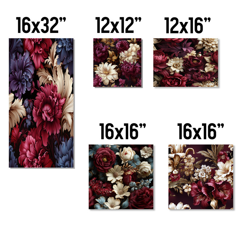 Victorian Renaissance Revival Victorian Pattern - Floral Reproduction d'art sur toile, ensemble de 5, Toile tendue