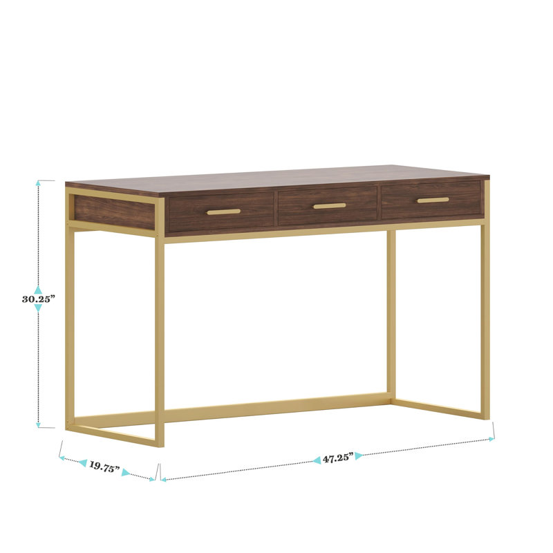 Walnut and Brass Modern Home Office Desk with Drawers