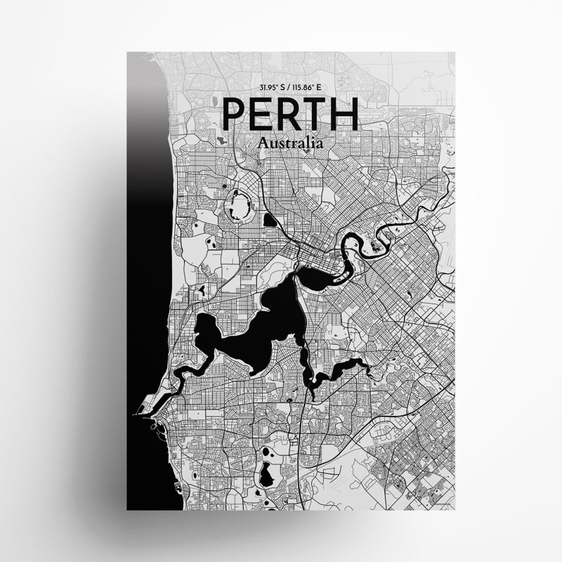 «Perth City Map», impression, Noir / blanc, H 27,6 po x l 19,7 po