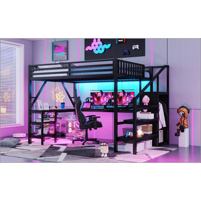 Grand lit mezzanine en métal avec garde-robe, lumière DEL et bureau en forme de L, idéal pour une utilisation compacte et multifonctionnelle dans les chambres à coucher