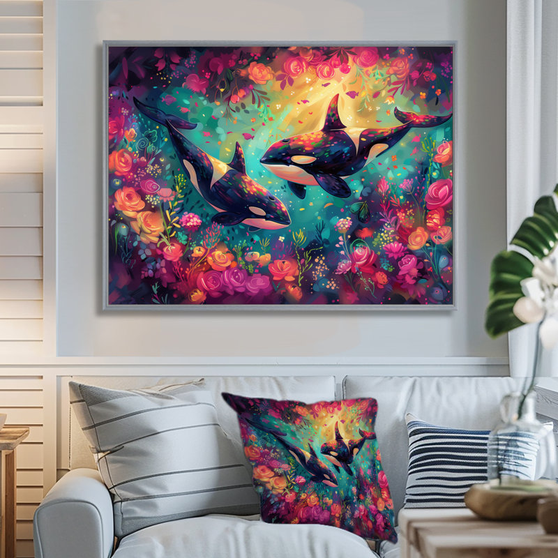 Black Orca Swimming Paradise Dream I - Whale Animal Wall Art Print, 30'' H x 40'' W, Silver Floater Framed