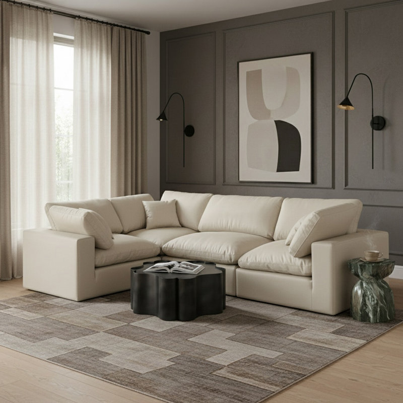 Canapé modulaire rembourré 4 pièces Hinrich, Cuir crème végétalien