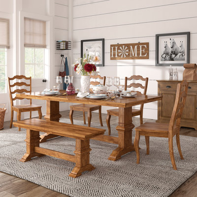 Gildas 78" Solid Wood Oak Finish Top 7-Piece Dining Set With French Ladder Back Chairs
