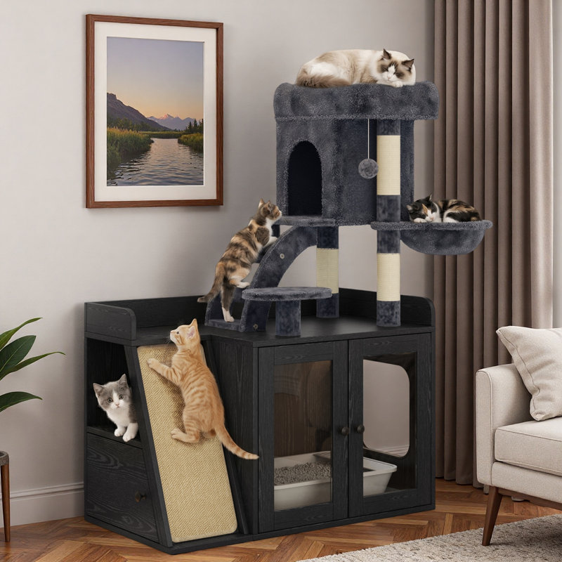 Arbre à chat avec lumière DEL, bac à litière caché, planche à gratter en sisal, espace de rangement, maisonnette pour chat et hamac confortable