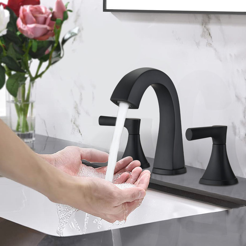 Matte Black Bathroom Sink Faucet - 3 Hole Widespread Two Handle Vanity Bath Tap With Drain Assembly, Corrosion & Rust Vandal Stain Finish