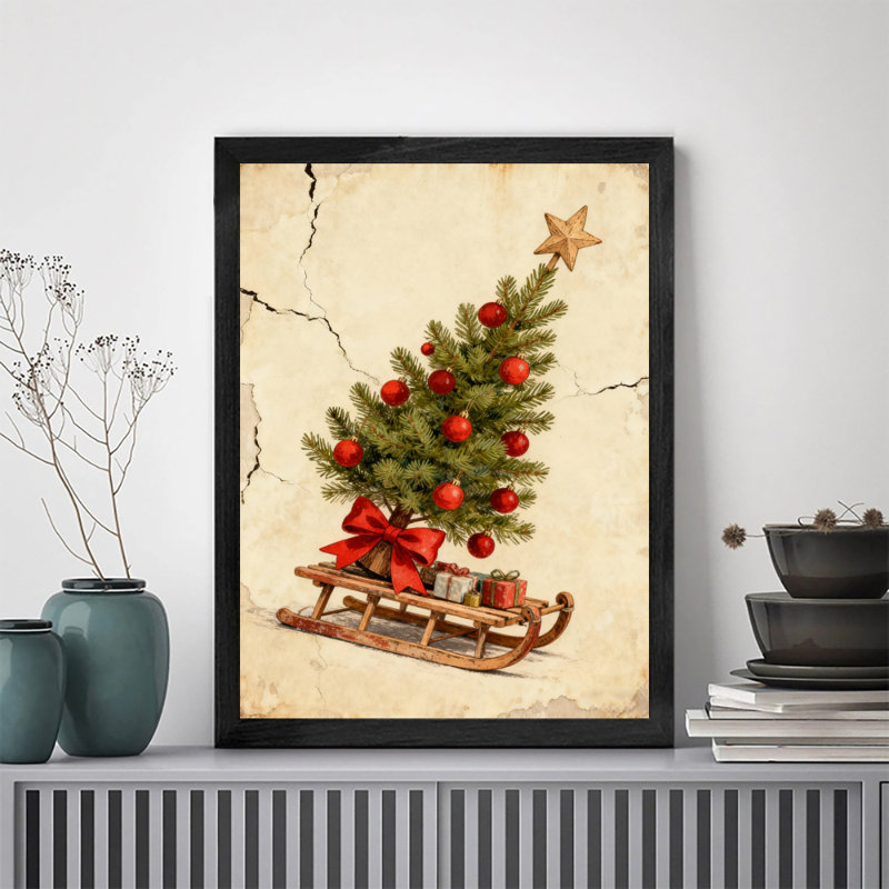 Reproduction d'art encadrée noire rétro «L'arbre de Noël sur le traîneau», H 17 po x l 13 po