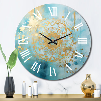 Metal Wall Clock - Divine Mandala Delicate Gold Gentle Turquoise IV