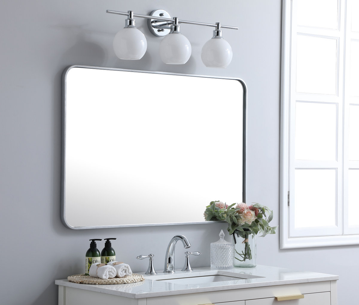 Sabine Metal Rounded Rectangle Wall Mirror, 40'' H x 27'' W, Silver