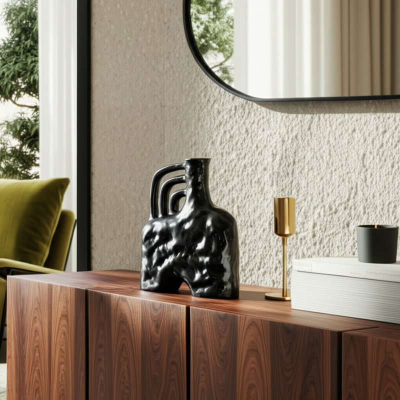 Franics Decorative Ceramic Stoneware Vase with Sculptural Organic Shape and Artistic Tubular Neck - Casual Home Accent Piece
