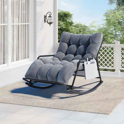 Fauteuil à bascule inclinable extra long de 76 x 122 cm avec coussin rayé de 145 cm et poche de rangement latérale, mobilier de patio récréatif, ensemble de mobilier de patio extérieur robuste pour balcon, cour arrière, jardin (gris)