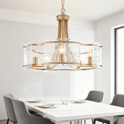 Modern 5-Light Gold Chandelier With Textured Glass, Adjustable Drum Pendant Light Fixture For Dining Room Kitchen Island Living Room Foyer Bedroom, E12 Base Dimmable