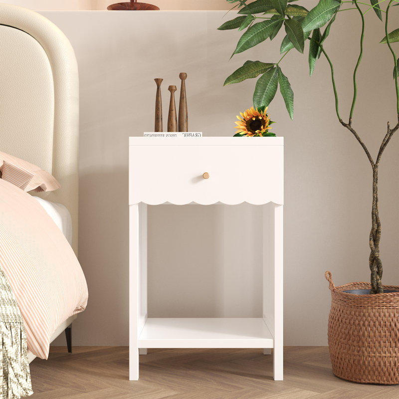 Modern Nightstand with Drawer and Open Shelf, Scalloped Edge Bedside Table for Bedroom, White