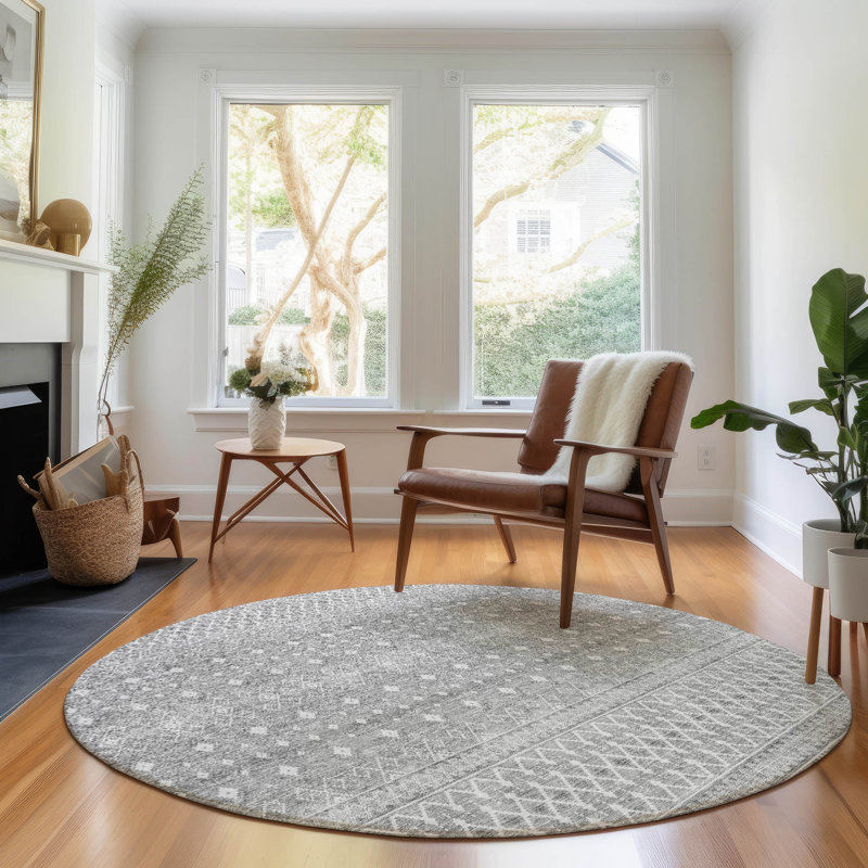 Premium Machine Washable Prisco Silver Rug, Round 8'