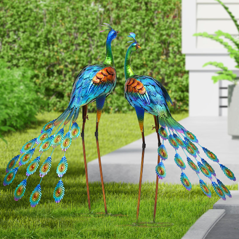 Grande statue décorative de jardin en métal représentant un paon debout, Bleu, 32 po H x 17,5 po L x 15,5 po P