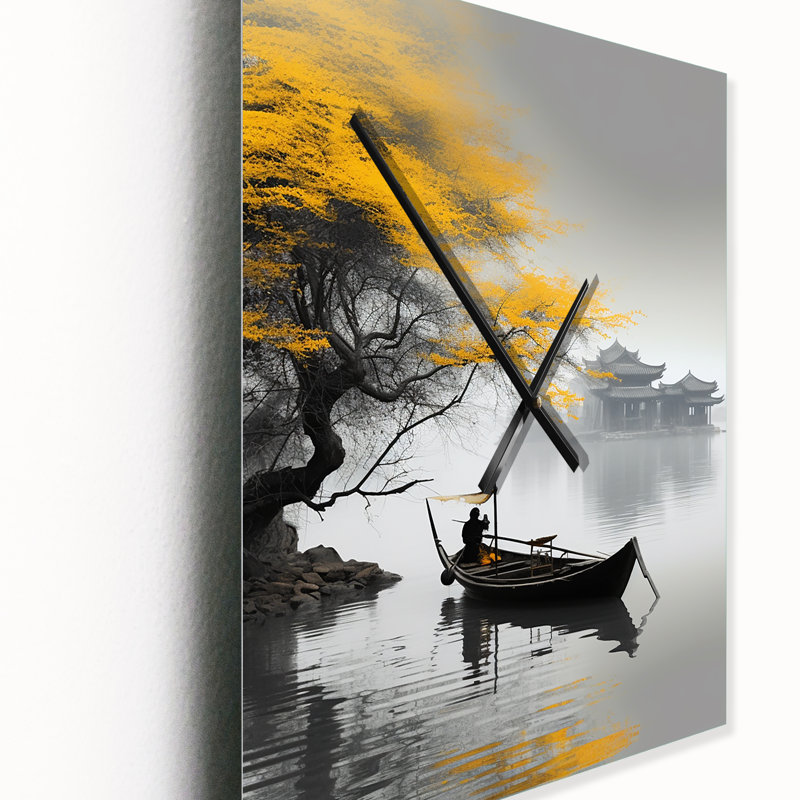 Art asiatique, bateau jaune, monochrome - horloge murale asiatique, H 32 po x l 16 po x P 1 po