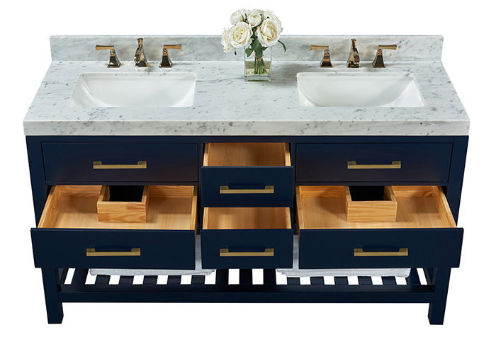 Elizabeth 60 in. Handmade Double Vanity, Heritage Blue/Brushed Gold, Carrara White Marble