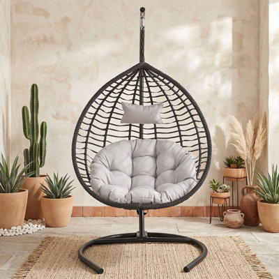 Fauteuil à œufs suspendu pour l'intérieur et l'extérieur avec support, hamac pliable en osier PEHD avec structure en fer et appui-tête amovible