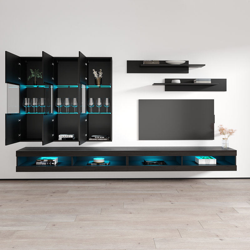 126" Modern Floating Wall Mounted Entertainment Center with 16-Color LED Lighting, High Gloss Finish, Black