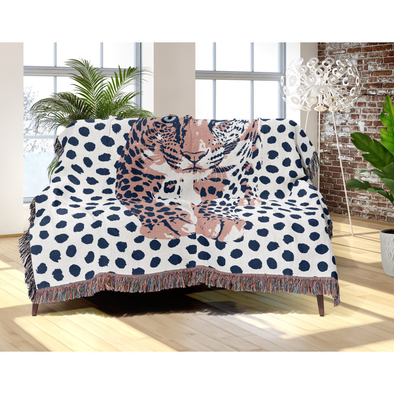 Jeté en mélange de coton Inky Leopard, Bleu / rose clair / blanc cassé, L 60 po x l 60 po