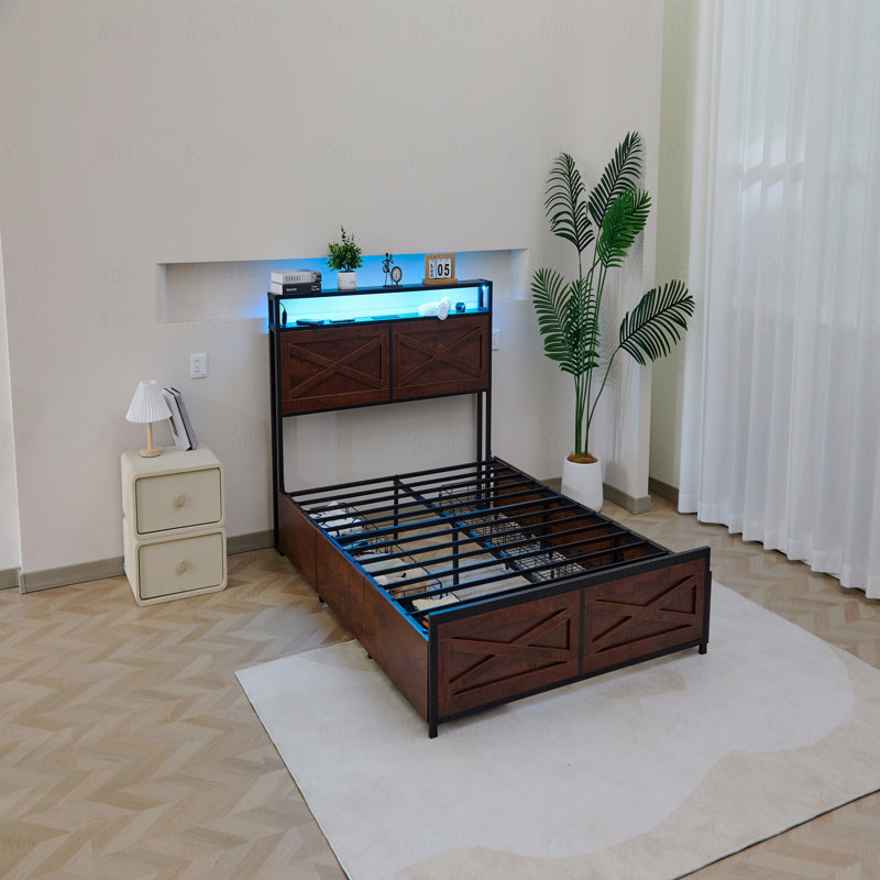 Bed Frame Full With 6 With Storage Function Drawers, With Storage Function With Headboard With Charging Statio, Solid And Stable, Noise Free