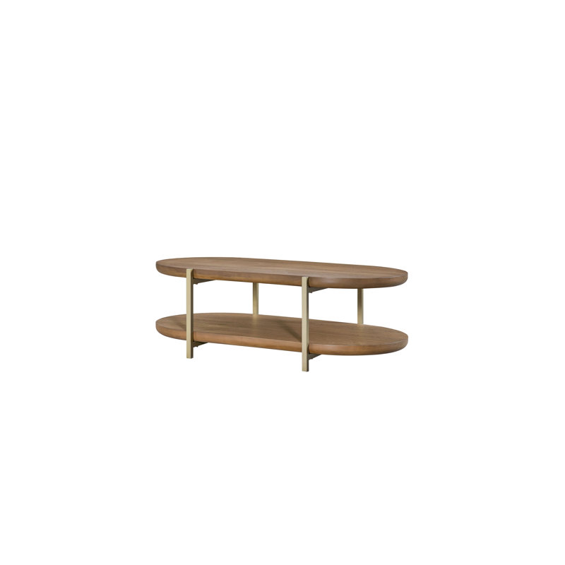 Aurora Bridges Cocktail Table – Latte Elm Veneer Oval Coffee Table with 2-Tier Storage Shelf & Metal Accents