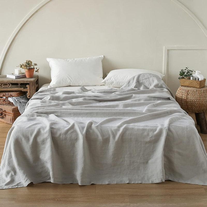 Linen Flat Sheet With Embroidered Border-Stone Washed Flax Bedding, King Size Bed Flat Sheet Only