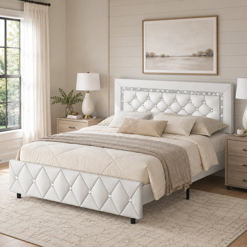 Lit plateforme capitonné en simili cuir avec tête de lit incluse, aucun sommier nécessaire, Blanc, Grand lit