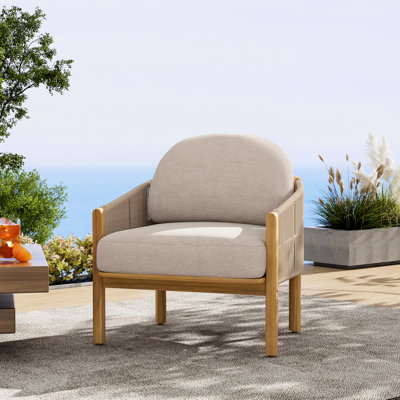 Fauteuil club d'extérieur en bois avec corde et coussin beige, grain naturel, support réglable, finition, P 31,53 po, l 30,26 po, H 32,8 po, 31,43 lb, assemblage requis qui s'adapte confortablement au corps, profondeur, largeur,