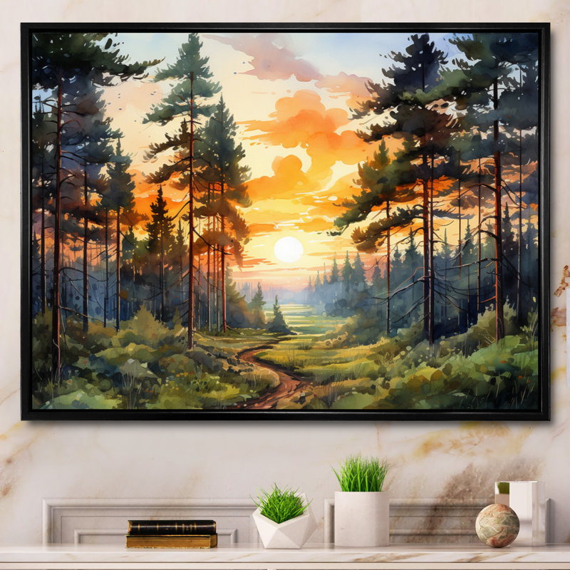«Pine Tree Sunset Glow I», art encadré pin, H 16 po x l 32 po x P 1 po, Cadre flottant noir