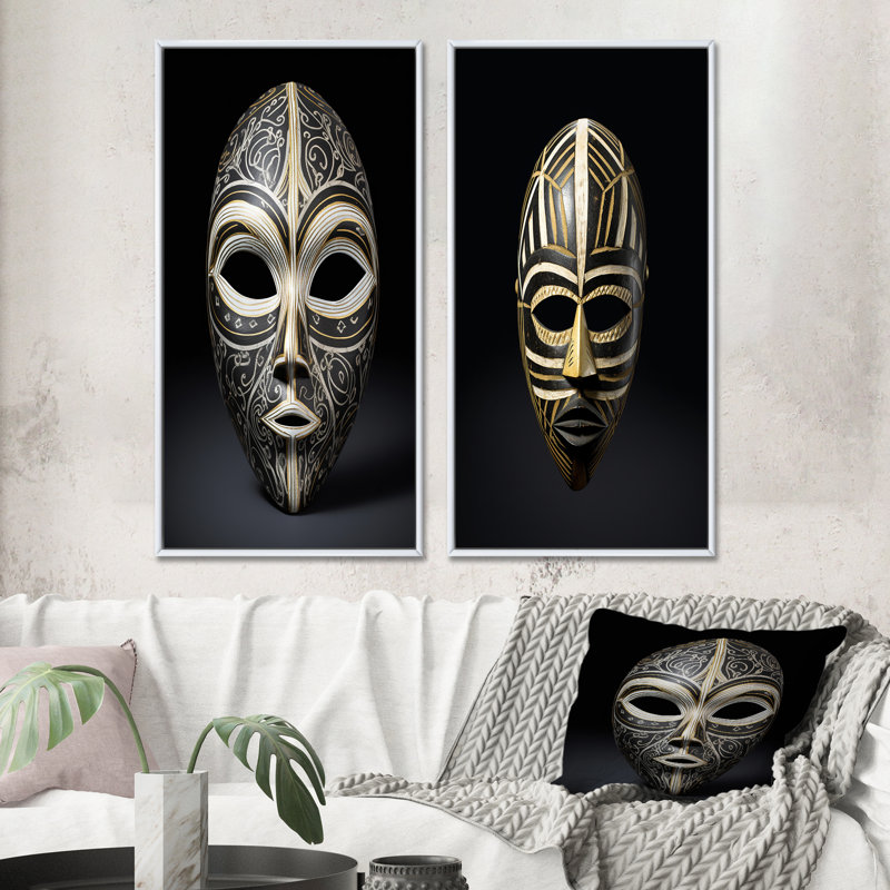 «Ethnical Traditional African Mask XIII», 2 pièces sur toile, Cadre blanc, H 40 po x l 40 po