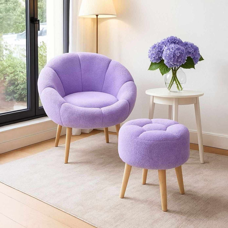 Ensemble de fauteuil à oreilles et pouf (2 pièces), Lilac Polyester Blend