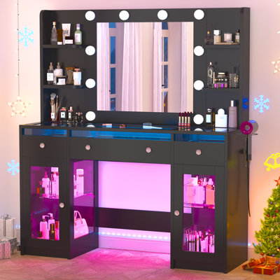 Vanity Desk with LED Mirror & Multi-Color Lights, Tempered Glass Top Makeup Table with Power Outlet, 3 RGB Drawers, Hair Tool Organizer & 2 Cabinets for Bedroom