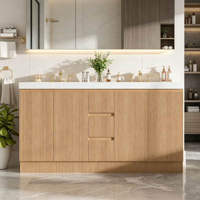 59.3 Inch Double Sink Freestanding Bathroom Vanity with SMC Top, MDF Cabinet with Solid Wood Frame, Four Doors, Three Drawers, Soft-Close Doors, Modern Storage Vanity for Large Bathrooms