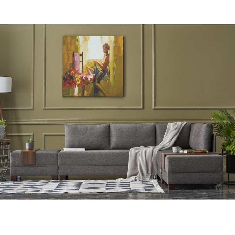 Canapé-lit et chaise longue 82,7 po Haleah, 100 % polyester brun, Accoudoir à gauche (vu de face)