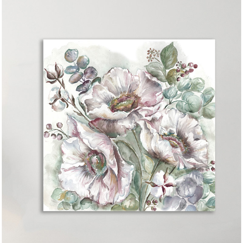 «White Poppies and Eucalyptus II» par Tre Sorelle Studios, reproduction d'art sur toile tendue, H 30 po x l 30 po