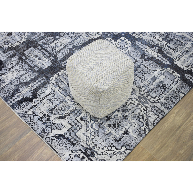 Zealand Leather Pouf, Natural/Gray Genuine Leather