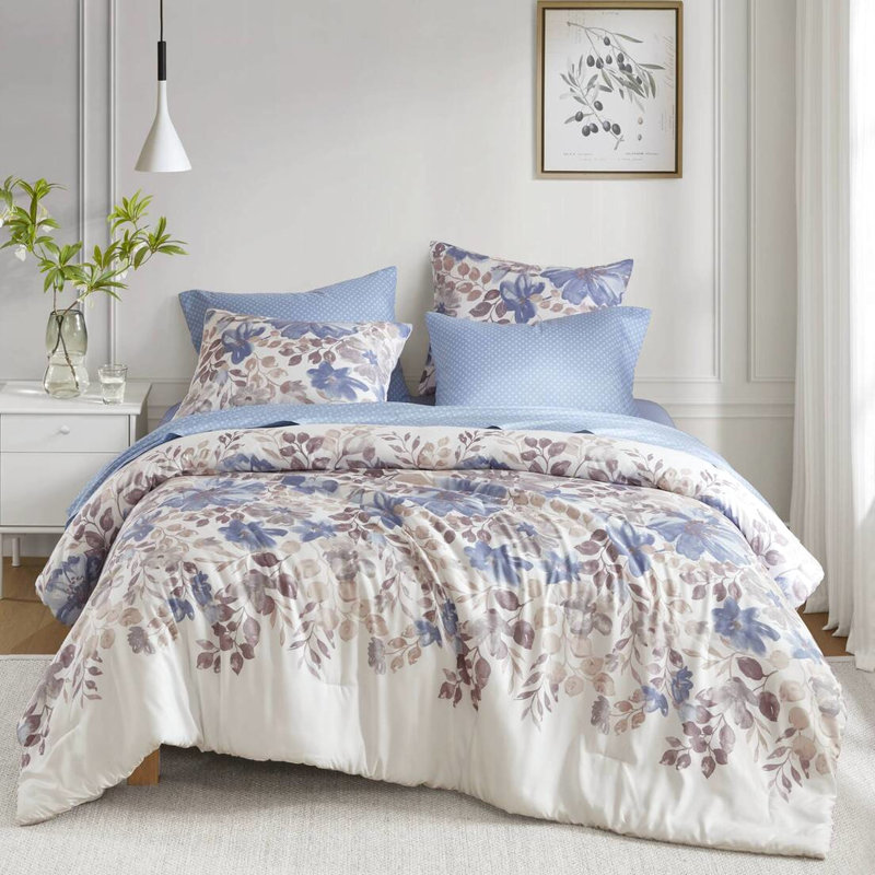 Édredon à imprimé floral bleu et drap pour lit simple, paquet simple de 11,81 po de hauteur avec draps, savoir-faire exquis