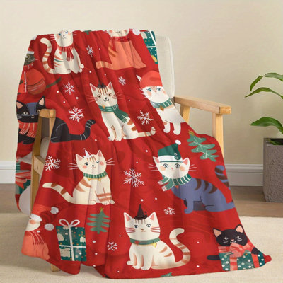 Couverture en flanelle à motif de chats de Noël (1 pièce), polyester doux, style contemporain, impression numérique, légère, toutes saisons, pour lit, canapé, bureau, camping (127 x 152 cm). De plus, un sac fourre-tout en toile à motif chat avec chapeau de Noël vous est offert.