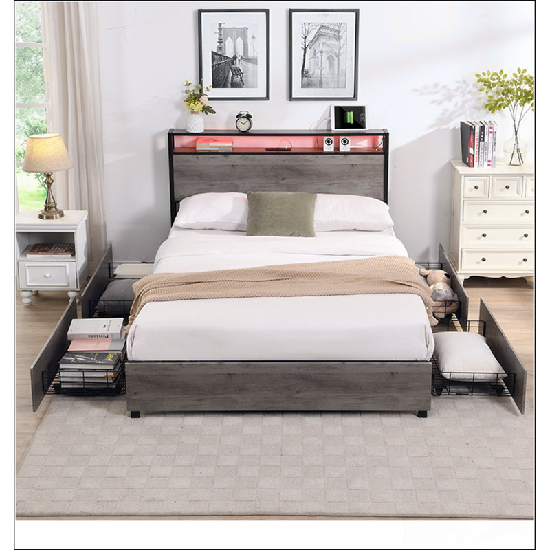 Base de lit en métal durable avec tête de lit et station de charge intégrée, parfaite pour les chambres à coucher modernes et l'organisation efficace.