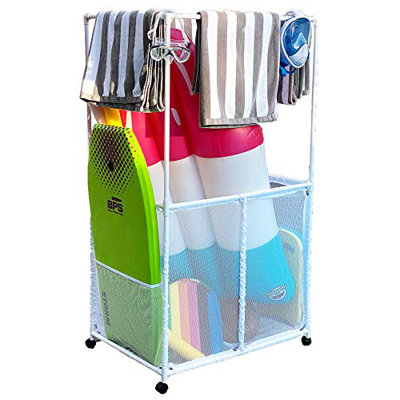 Pool Equipment Holder With Towel Drying Bars, Mesh Rolling Double Decker Multi Use Storage Organizer Bin by Essentially Yours