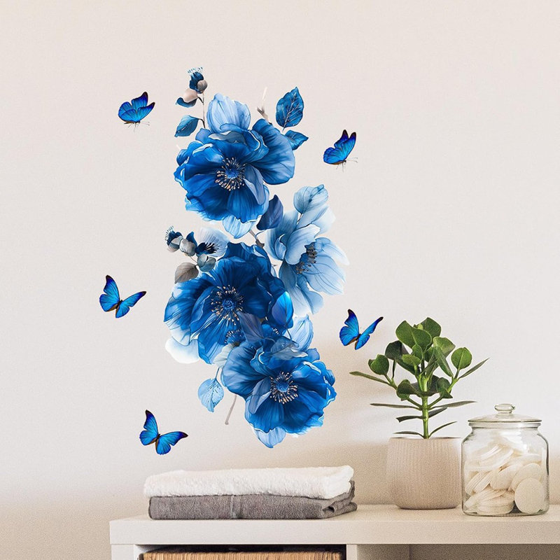 Autocollants muraux fleurs bleues, pivoines autocollantes