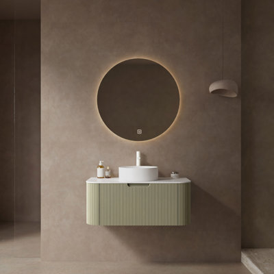 Meuble-lavabo de salle de bain 36 po avec lavabo, armoire de rangement murale à bords arrondis flottants avec tiroir et lavabo en céramique blanc sans robinet, pré-assemblé