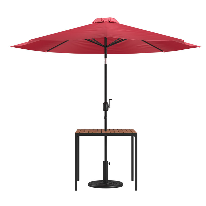 Saville Black Steel Framed 35" Square Faux Teak Patio Table-Tan 9FT Patio Umbrella-Base, Red Umbrella