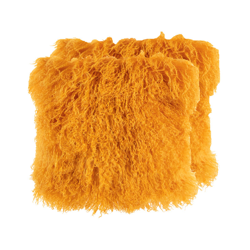 MONGOLIAN LAMB FUR PILLOW Solid Colour Wool Pillow Cover, Yellow