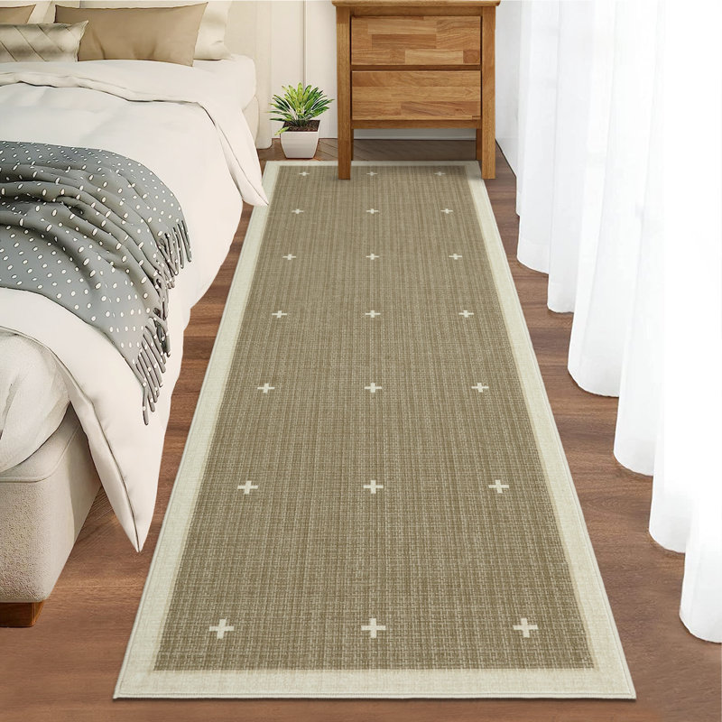 Modern Geometric Runner Rug – Bordered Jute Carpet for Hallway, Entryway, Kitchen, Bathroom, Office – Non-Slip, Low Pile, Machine Washable – Cross Dot Motifs, 2x6ft