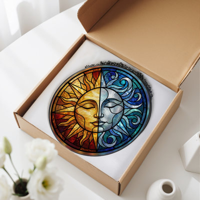 12"H Sun Moon Stained Glass Window Panel