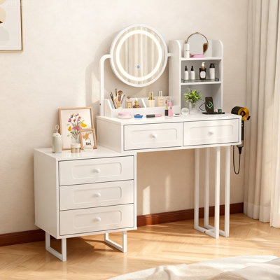 Lighted Vanity Table - LED 3-Colour Dimmable Touch Mirror, 5 Drawers, Power Strip