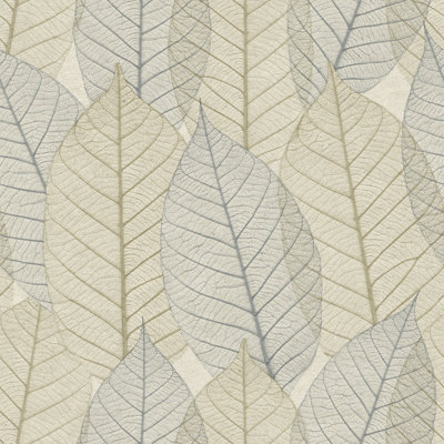 Papier peint feuille et dentelle bleu beige