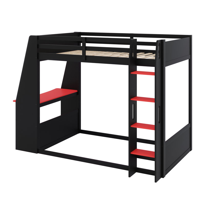 Lit superposé de jeu tout-en-un avec bureau intégré, tablettes, charge USB et éclairage à DEL, Noir et rouge